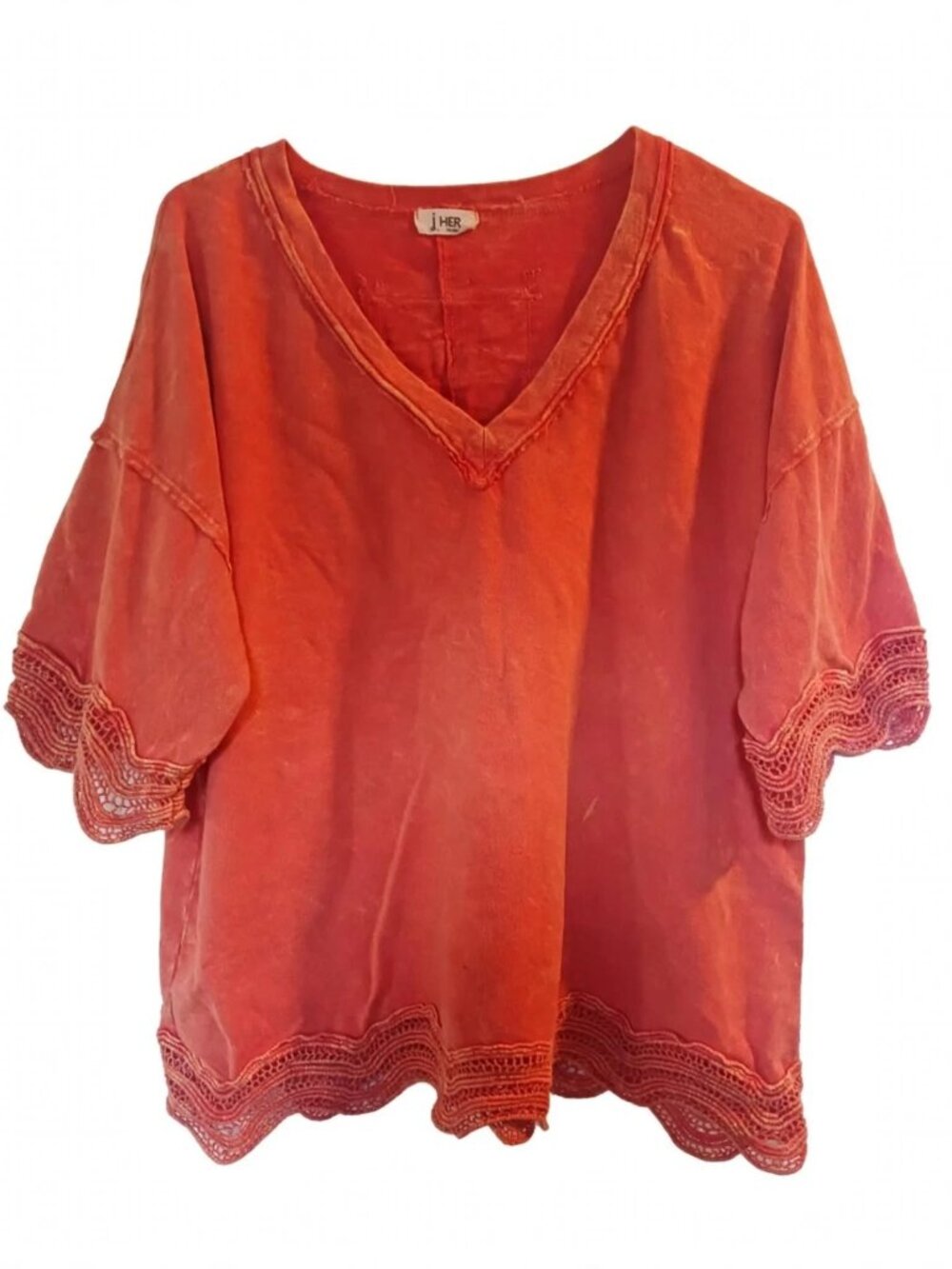 J. Her Mineral Wash Acid Wash Distressed Boho Crochet Trim Cotton Large Top